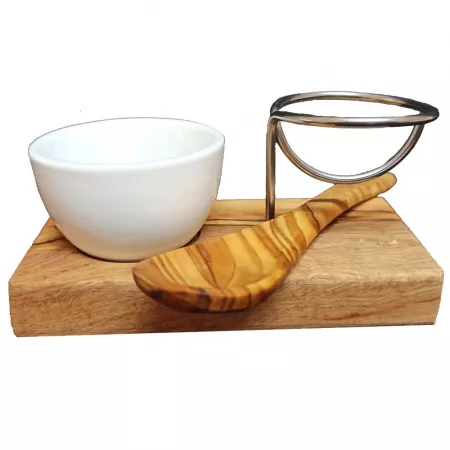 Egg cup made of olive wood, porcelain bowl, olive wood egg spoon