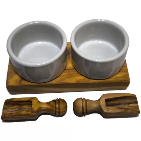 Porcelain dip bowls with olive wood base, small