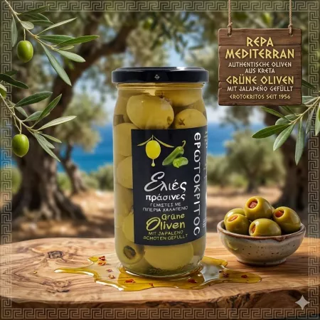 Grüne Oliven mit Jalapeno, griechisch