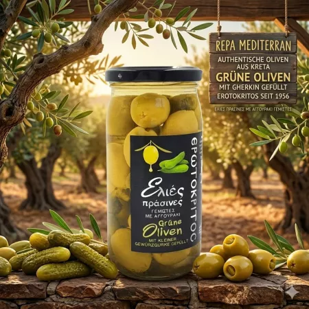 Grüne Oliven mit kleiner Gewürzgurke, griechisch