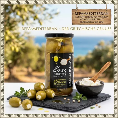 Grüne Oliven mit Weichkäse, griechisch