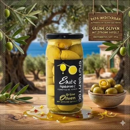 Grüne Oliven mit Zitrone, griechisch