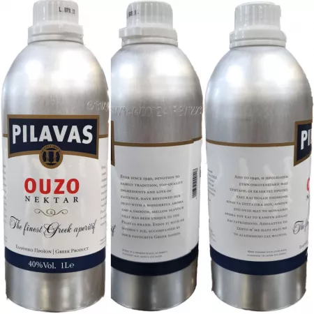 Ouzo Pilavas Nektar 40%, 1L Aluminum Bottle