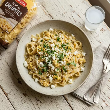 Chilopites mit Eiern und Feta Käse