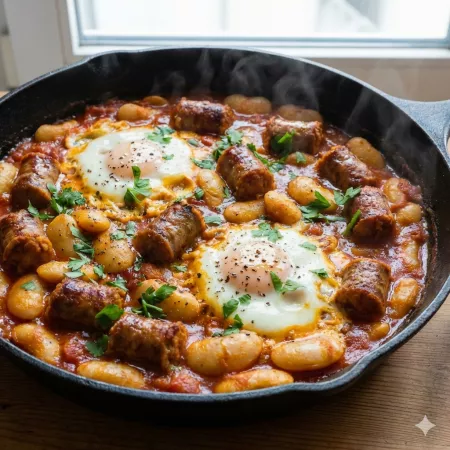 Rezept: Gigantes mit Würstchen, Eiern und Orange