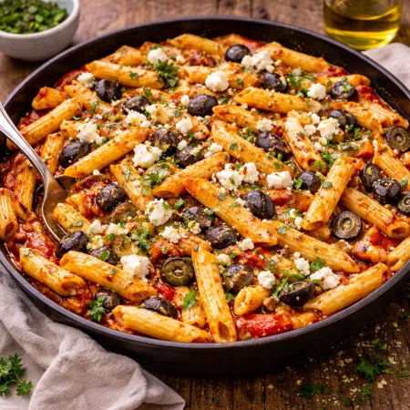 Recipe: Penne Rigate with feta, olives and oregano