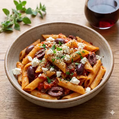 Recipe: Penne Rigate with feta, olives and oregano
