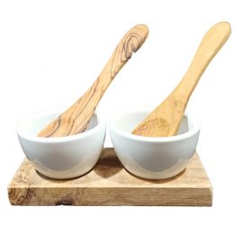 Porcelain dip bowls with olive wood base, small