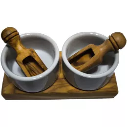 FANO Dipschalen-Set: Porzellan-Servierschalen mit edlem Olivenholz-Sockel & Schippchen, klein