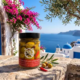 GAIA OLIVES Chalkidiki Oliven mit Paprika (Abtropfgewicht 200g)