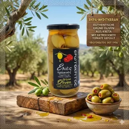 Grüne Oliven mit getrockneter Tomate von Kreta (Abtropfgewicht: 200 g), Erotokritos