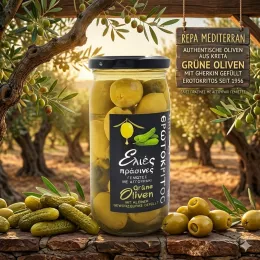Grüne Oliven mit kleiner Gewürzgurke von Kreta (Abtropfgewicht: 200 g), Erotokritos