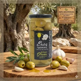 Grüne Oliven mit Knoblauch von Kreta (Abtropfgewicht: 200 g), Erotokritos