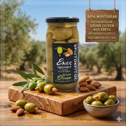 Grüne Oliven mit Mandeln von Kreta (Abtropfgewicht: 200 g), Erotokritos