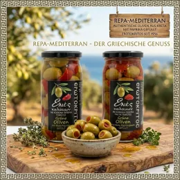 Grüne Oliven mit Paprikapaste von Kreta (Abtropfgewicht: 200 g), Erotokritos